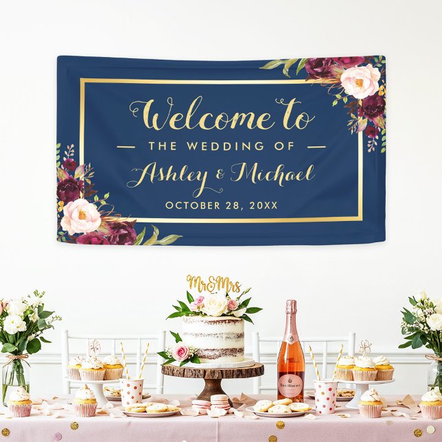 Burgund Red Floral Navy Blue Gold Wedding Party Banner (Von Creator hochgeladen)
