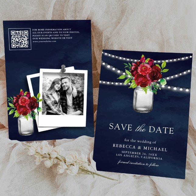 Burgund Red Floral Navy QR Code Hochzeitsstift Fot Save The Date (Von Creator hochgeladen)