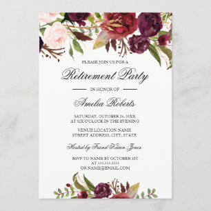 Burgund Red Floral Retirement Party Einladung