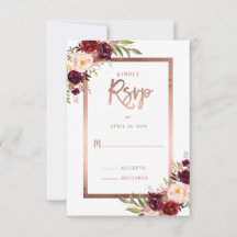 Burgund Red Floral Rose Gold Wedding RSVP