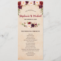 Burgund Red Floral Rustic Wedding Programm