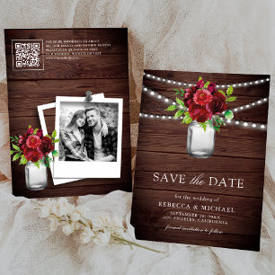 Burgund Red Floral Wood QR Code Hochzeitsstift Fot Save The Date