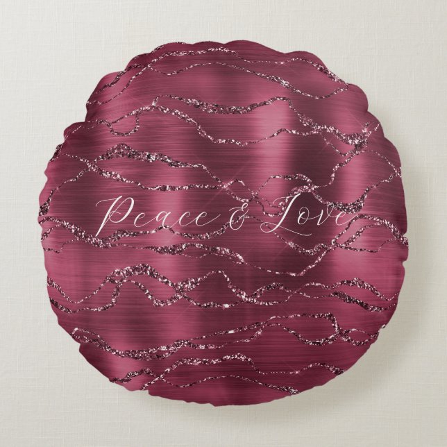 Burgund Red Glitzy Glitzer Streifen Rundes Kissen (Vorderseite)