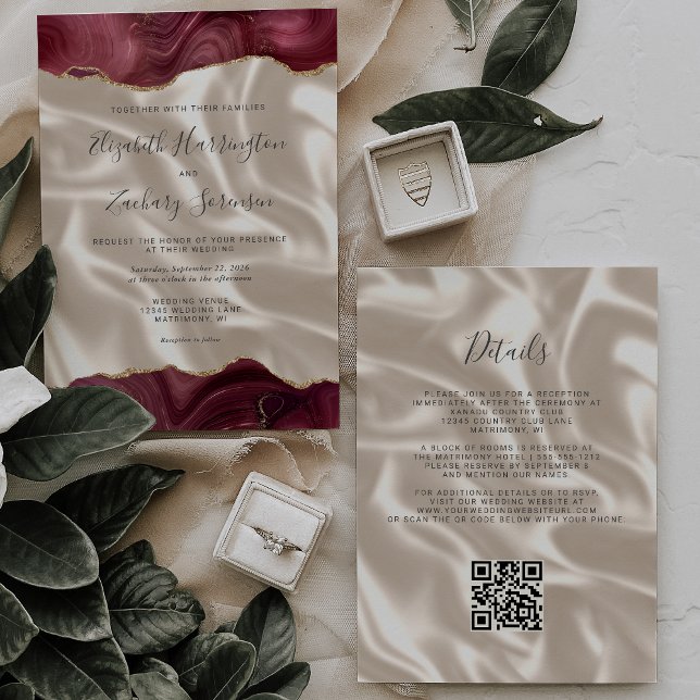 Burgund Red Gold Agate Elfenbeinseide QR Code Hoch Einladung (Von Creator hochgeladen)