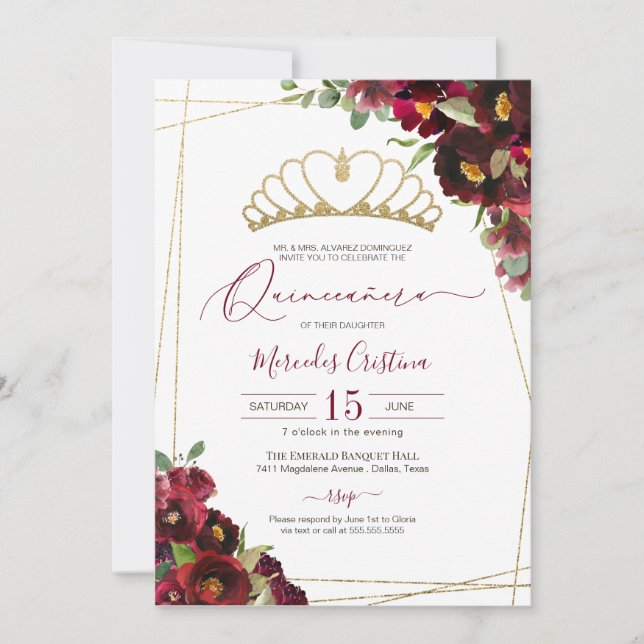 Burgund Red Gold Aquarell Floral Quinceañera Einladung (Vorderseite)