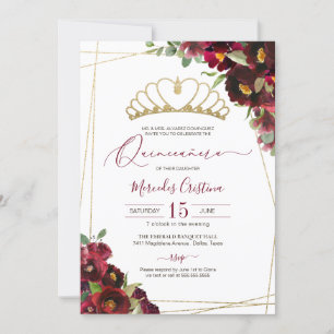 Burgund Red Gold Aquarell Floral Quinceañera Einladung