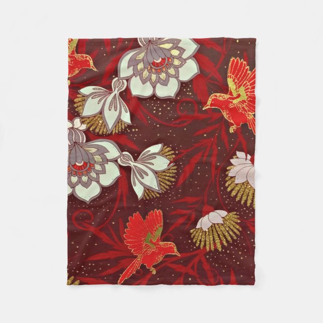 Burgund Red Gold Bird Blume Glitzer Fleecedecke (Vorderseite)