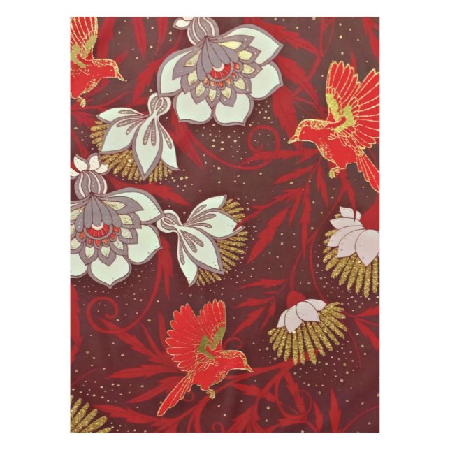 Burgund Red Gold Bird Blume Glitzer Tischdecke (Vorderseite)