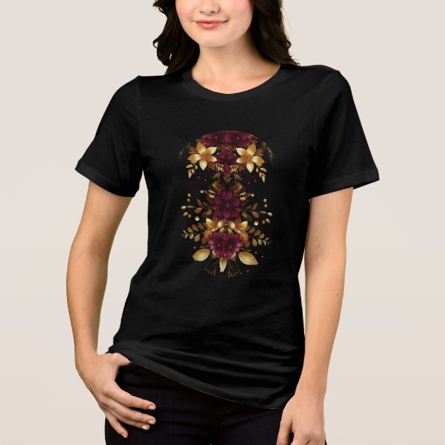 Burgund Red Gold Blume Urlaub Frauen T - Shirt (Vorderseite)