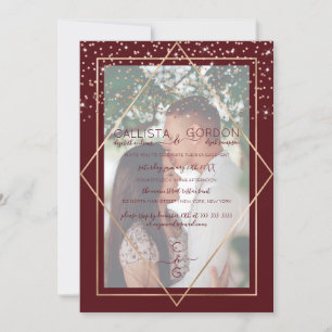 Burgund Red Gold Confetti Border Foto Verlobung Einladung