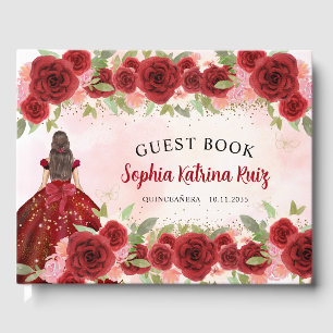 Burgund Red Gold Floral Prinzessin Quinceañera Gästebuch