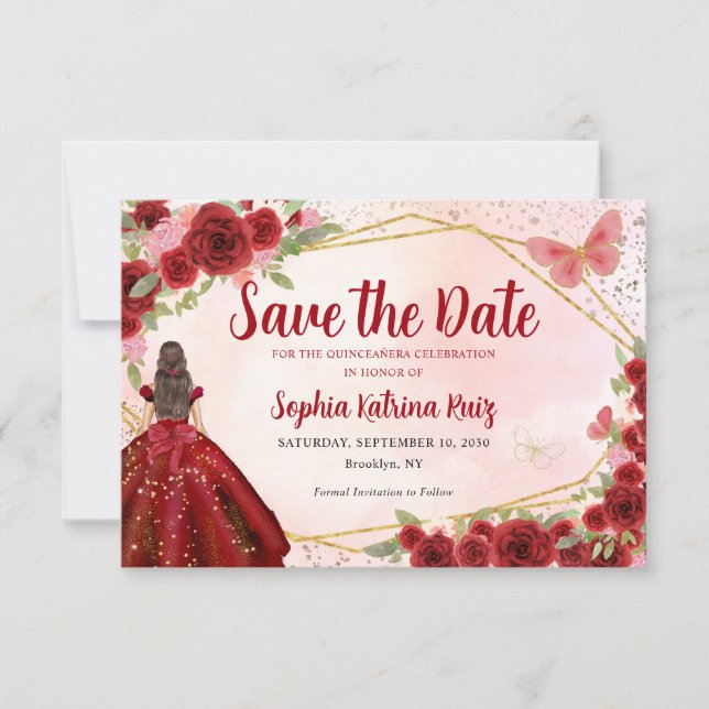 Burgund Red Gold Floral Prinzessin Quinceañera Save The Date (Vorderseite)