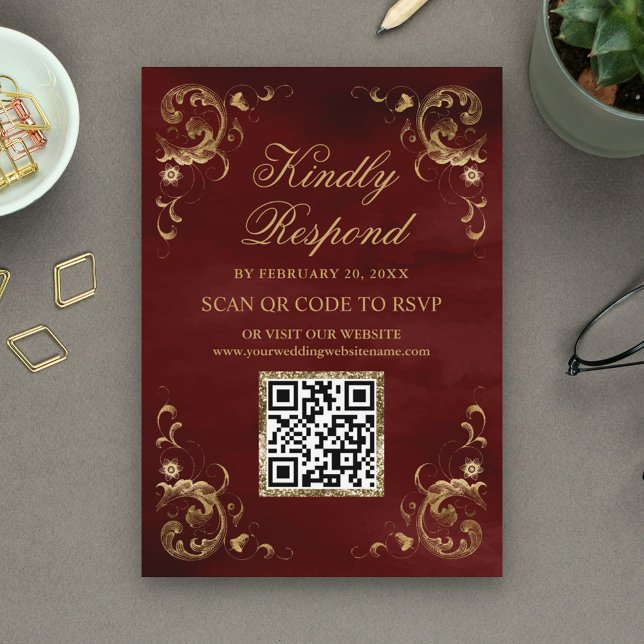 Burgund Red Gold QR Code UAWG Wedding Website Begleitkarte (Von Creator hochgeladen)