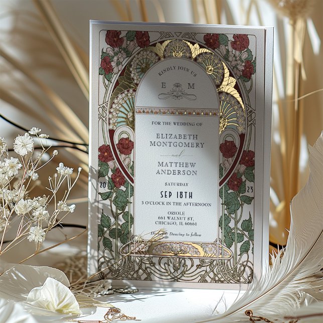 Burgund Red Gold Wedding Art Nouveau Vintag Folieneinladung (Von Creator hochgeladen)
