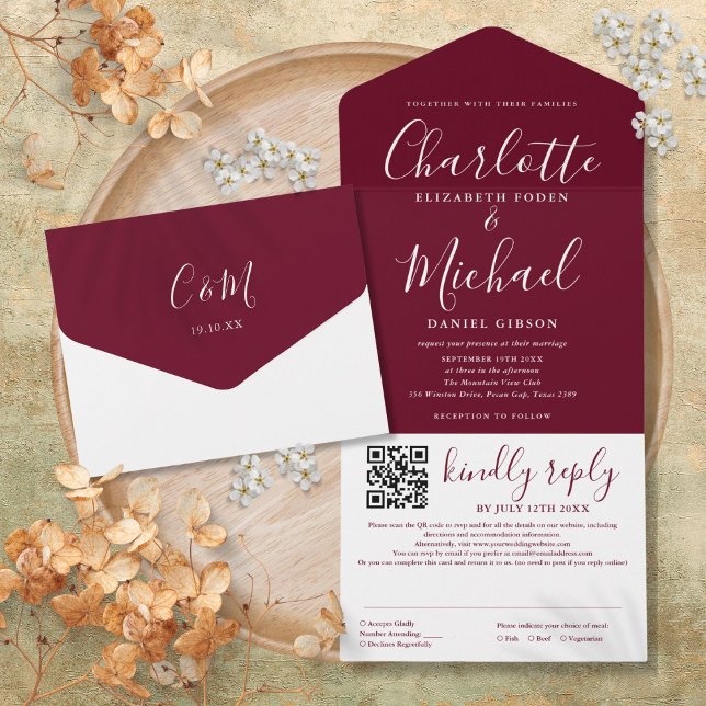 Burgund Red Modern Script QR Code Hochzeit All In One Einladung (Burgundy Red Modern Script QR Code Wedding All In One Invitation)