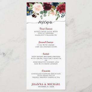 Burgund Red Navy Blue Watercolor Floral Boho Menükarte