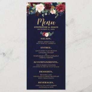 Burgund Red Navy Floral Boho Hochzeitsmenü Menükarte