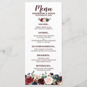 Burgund Red Navy Floral Boho Hochzeitsmenü Menükarte