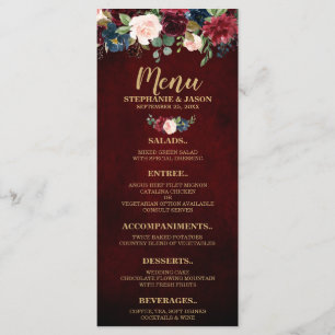 Burgund Red Navy Floral Boho Hochzeitsmenü Menükarte