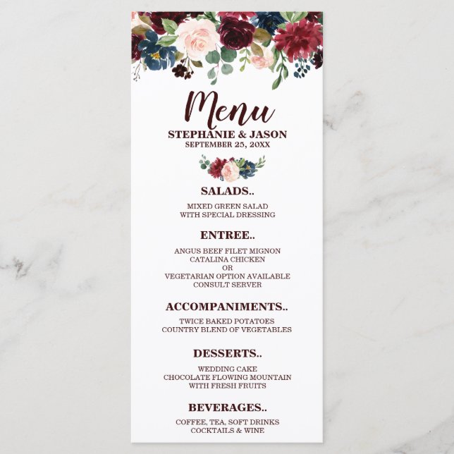 Burgund Red Navy Floral Boho Hochzeitsmenü Menükarte (Vorderseite)