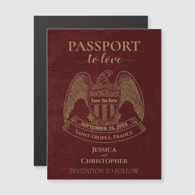 Burgund Red Passport Hochzeit Niedlich Save the Da Magneteinladung (Vorne/Hinten)