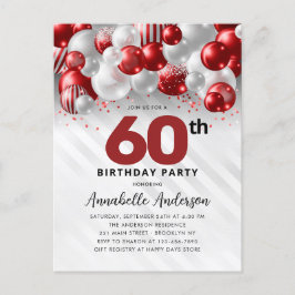 Burgund Red Silver Balloon Glitzer 60. Geburtstag Postkarte