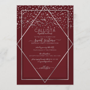 Burgund Red Silver Confetti Border Sweet 16 Einladung