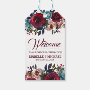 Burgund Red Watercolor Flroal Wedding Willkommen Geschenkanhänger