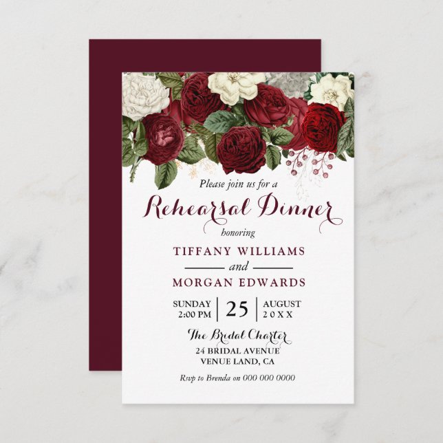 Burgund Red White Floral Wedding Probe Dinner Einladung (Vorne/Hinten)