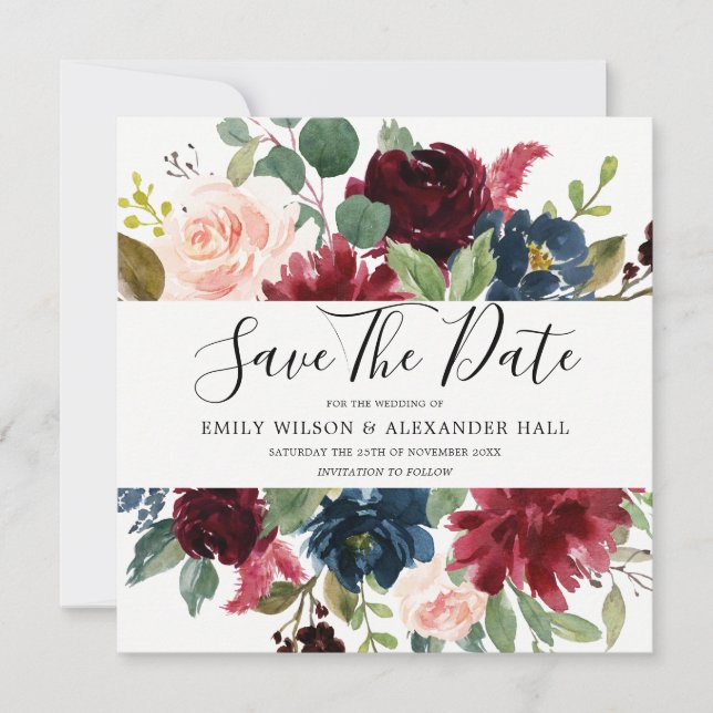Burgund Red Wine Blume Foto Hochzeit Save The Date (Vorderseite)