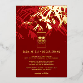 Burgund & Red Zen Bamboo Blätter Chinesische Hochz Folieneinladung