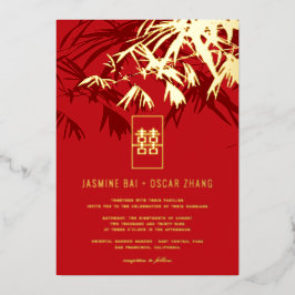 Burgund & Red Zen Bamboo Blätter Chinesische Hochz Folieneinladung