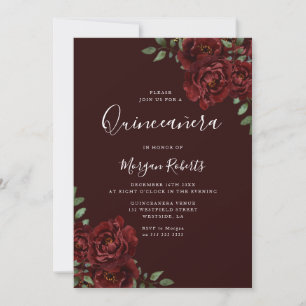 Burgund Romantische Rote Rosen Quinceanera Party Einladung
