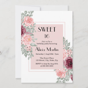 Burgund Rosa Blume Sweet 16 White Birthday Einladung