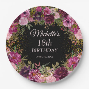 Burgund-Rosa-Blumen-Glitter Schwarz 18. Geburtstag Pappteller