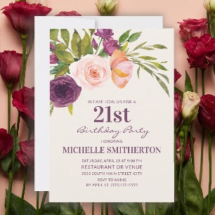 Burgund-Rosa-Blush-Pink-Blumen 21. Geburtstag Einladung