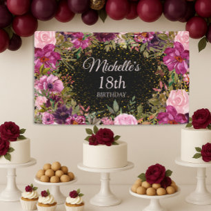 Burgund-Rosa-Blüten-Glitter-Schwarz 18. Geburtstag Banner