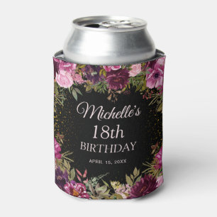 Burgund-Rosa-Blüten-Glitter-Schwarz 18. Geburtstag Dosenkühler