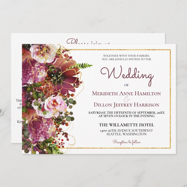 Burgund Rosa Blütengoldfarben auf einer Hochzeit Einladung (Vorne/Hinten)