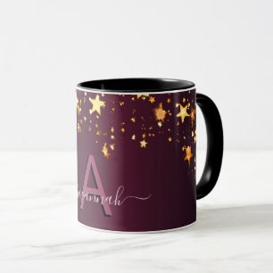 Burgund rosa goldene Sterne tropfen Monogramm-Skri Tasse
