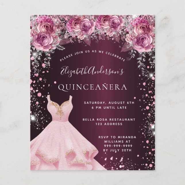 Burgund rosa Kleid Quinceanera Einladung (Vorderseite)