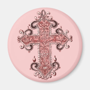 Burgund Rosa Kreuz Vintage Kunst Runder Magnet! Magnet