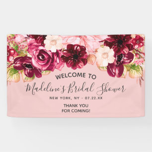 Burgund & Rosafarbenes Florales Willkommensschild Banner