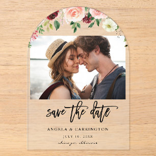 Burgund & Rosé 4 Florale Foto Save-the-Date-Karte Acryleinladungen