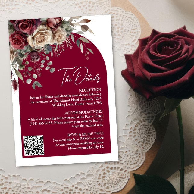 Burgund-Rose-Arch-QR-Code Hochzeitdetails Begleitkarte (Von Creator hochgeladen)