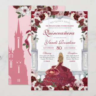 Burgund Rose Elegante Charro Prinzessin Quinceañer Einladung