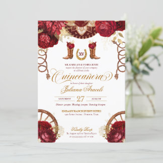 Burgund Rose Elegante Charro Western Quinceanera Einladung