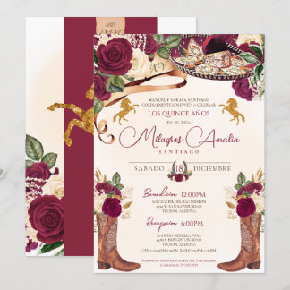 Burgund Rose Eleganter Western Charro Quinceañera Einladung
