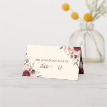 Burgund & Rosé Florale Rose Hochzeits-Platzkarten