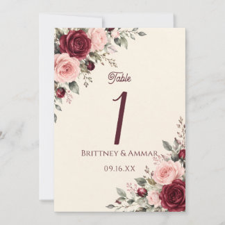 Burgund & Rosé Florale Rosen Hochzeitstisch Nummer Einladung